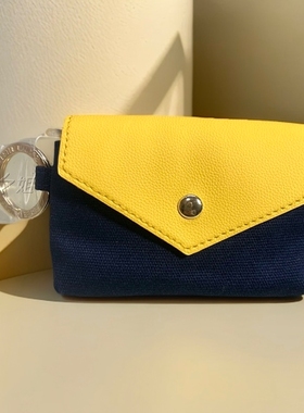 新款雅诗兰黛藏蓝深色帆布拼黄色PU翻盖零钱小包钥匙扣化妆包