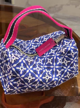 新款雅诗兰黛藏蓝色碎花布艺手拎包化妆包拉链零钱包收纳包手拿包