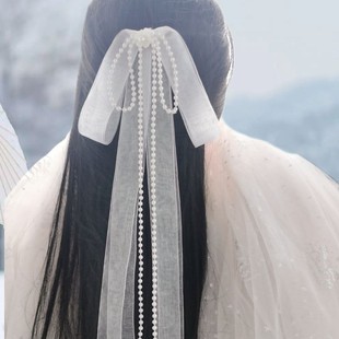 超仙气白色蝴蝶结后压发夹长流苏飘带发饰头花丝带古风汉服头饰纱