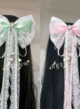 古风蕾丝大蝴蝶结长飘带发夹儿童超仙长流苏飘带发饰公主汉服飘带