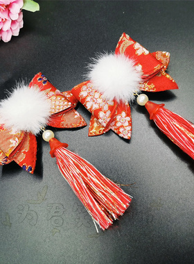 新年红色毛球蝴蝶结发夹女后脑勺盘发抓夹鲨鱼夹子头饰发卡发饰