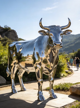 不锈钢牛雕塑定制抽象几何鹿草坪装饰金属镂空镜面耕牛落地摆件