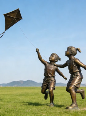 铸铜小孩人物雕塑童趣主题放风筝玻璃钢塑像户外景区公园景观小品