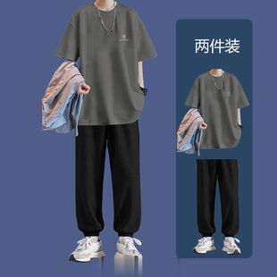 夏季潮流时尚套装男韩版ins五分袖T恤搭配纯色长裤一套衣服