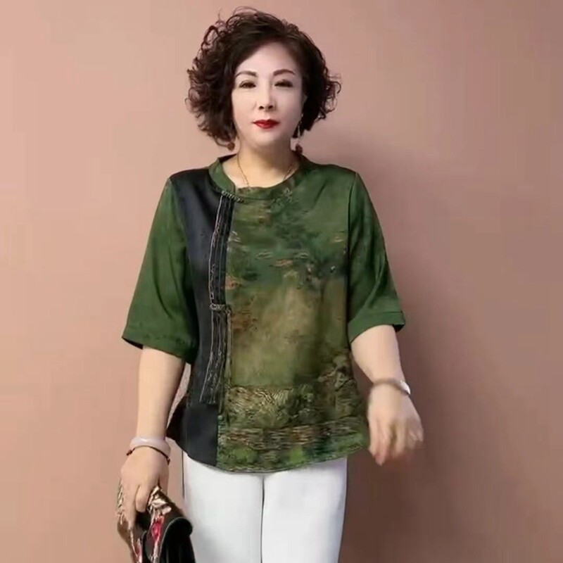 妈妈香云纱新中式上衣中老年人夏装女奶奶古风小衫桑蚕丝大码套装