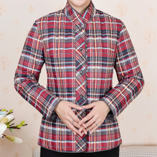 2024年秋冬白鸭绒羽绒服女格子长袖 直筒休闲方领中老年口袋单排扣