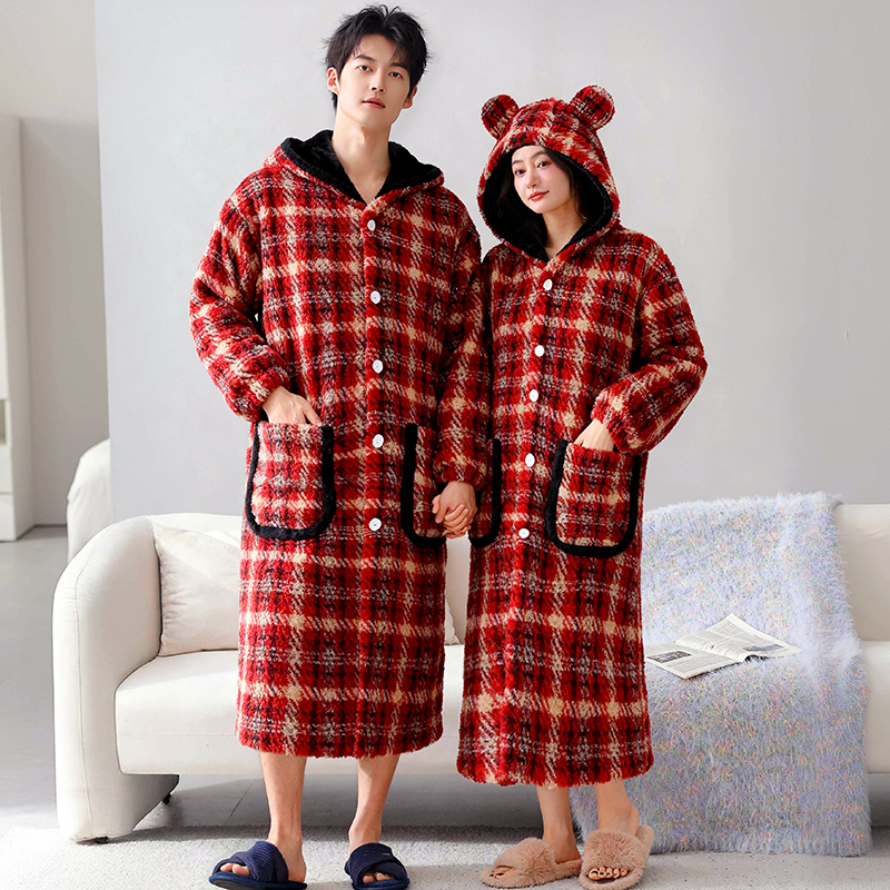 俞兆林冬天睡衣情侣睡袍法兰绒格子女冬款加厚加绒男士珊瑚绒夹棉
