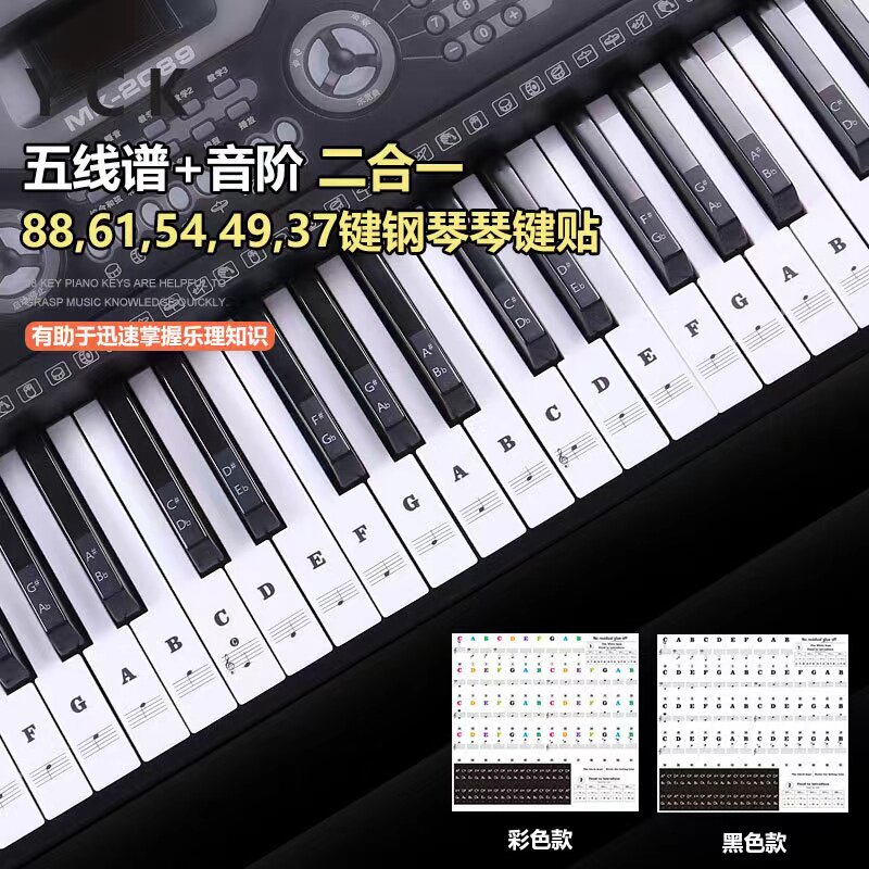 黑/彩色英文钢琴键盘贴纸五线谱字母88/61/54/49键电子琴音阶贴纸