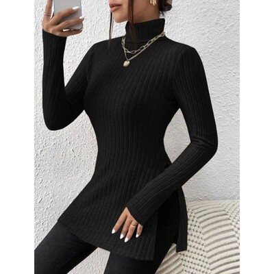 纯色高领条纹收腰免烫打底衫女