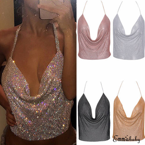 tyle Sleeveless Strapless Sequined Solid Loose Backless Tops