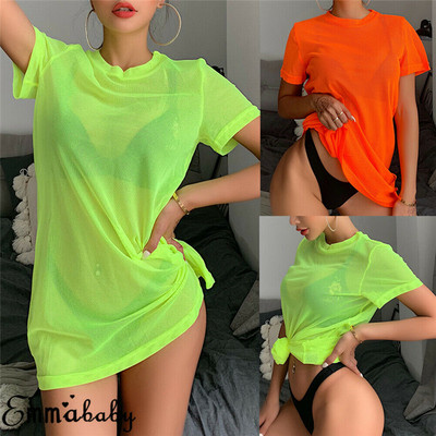See Through Short Sleeve T-shirt Tops Summer Beach Dress