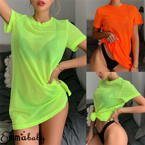 See Through Short Sleeve T-shirt Tops Summer Beach Dress