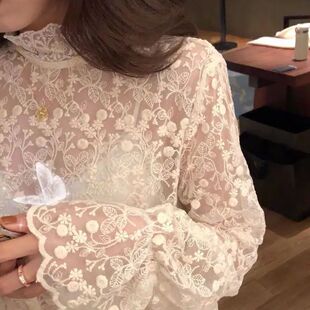high half lace 女网纱蕾丝半高领打底上衣 bottom top neck Mesh