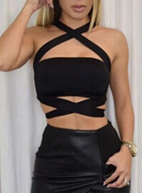 Solid color cross neck strap top women女纯色交叉挂脖绑带上衣