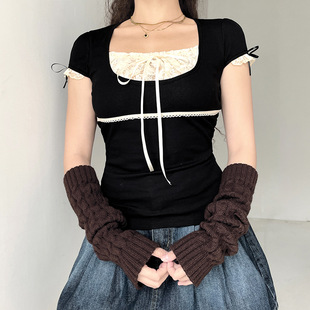 Solid color pleated short sleeved top 纯色褶皱系带短袖上衣女