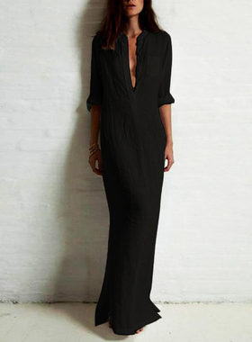 Mid-Sleeve Slim Fit Sexy Slit Dress   中袖修身性感开叉中长裙