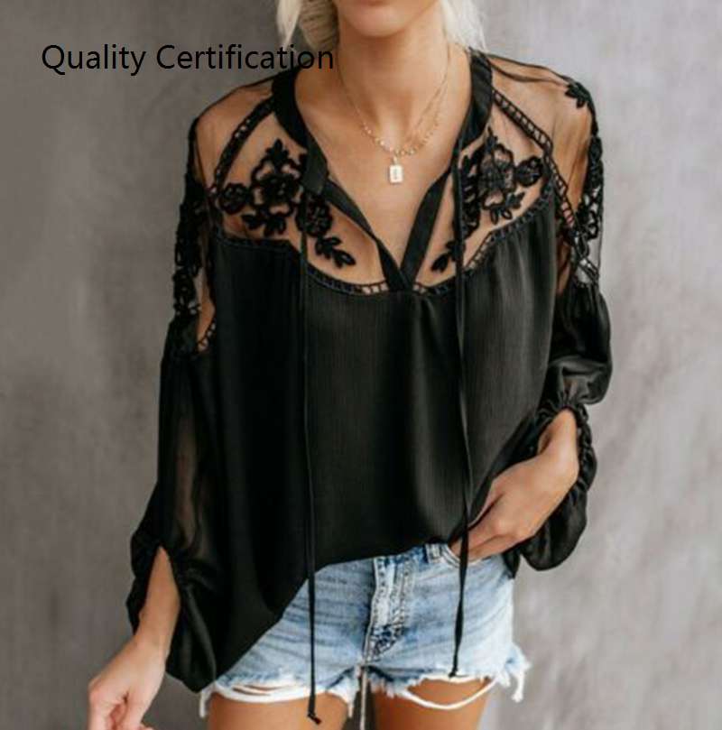 Loose White Black Chiffon Lace Patchwork Blouse Womens Daily-封面