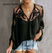 White Womens Black Lace Loose Blouse Chiffon Patchwork Daily