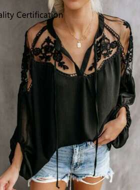 Loose White Black Chiffon Lace Patchwork Blouse Womens Daily