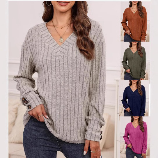 Solid color V-neck button up top 纯色气质V字领纽扣长袖上衣女