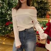 纯色一字肩长袖 shoulder 露肩上衣女Solid 秋季 color one off top