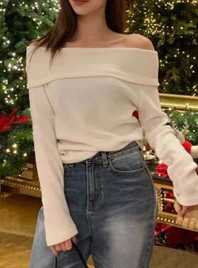 秋季纯色一字肩长袖露肩上衣女Solid color one shoulder off top