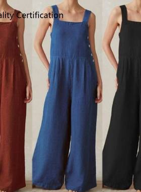 Cotton Linen Side Buttons Wide Leg Jumpsuits  Plus Size 5XL