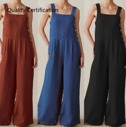 Cotton Linen Side Buttons Wide Leg Jumpsuits  Plus Size 5XL