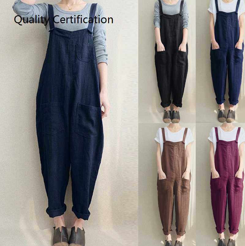 Linen Rompers Long Jumpsuits Solid Strappy Pockets Dungarees