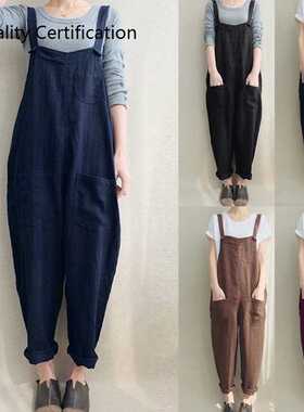 Linen Rompers Long Jumpsuits Solid Strappy Pockets Dungarees