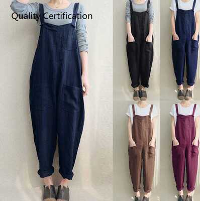 Linen Rompers Long Jumpsuits Solid Strappy Pockets Dungarees