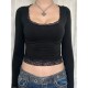 fit 性感U领蕾丝拼接修身 top patchwork slim 显瘦长袖 上衣女Lace