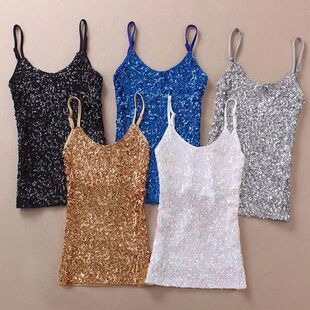 Solid color U-neck slim fitting sequin strap U领修身亮片吊带