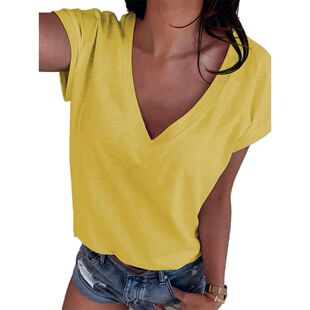 Solid V-neck casual short sleeved women纯色v领休闲短袖上衣女