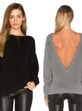 Round neck backless long sleeved shirt纯色圆领露背长袖上衣女