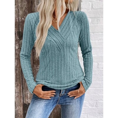 春季女士V领抗条收腰免烫打底衫