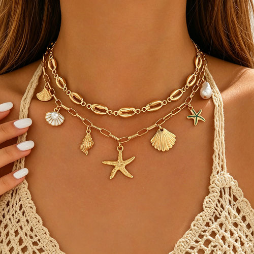 Starfish, sea shell and coral pendant necklace for women跨境