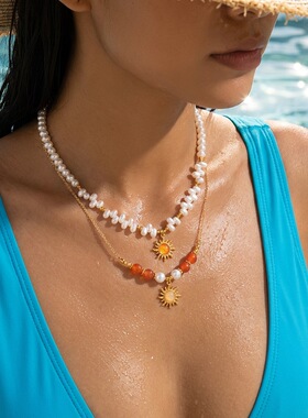 Baroque pearl sun double-layered necklace for women女士项链