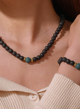 Volcanic stone bracelet and necklace set - vintage jewelry潮