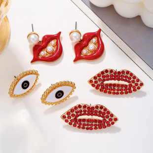 Sexy red lip stud earrings for women nightclub jewelry耳钉女