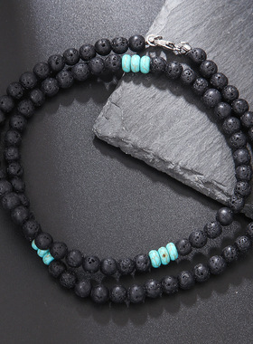 欧美新款黑磨砂火山石串珠项链波西米亚不锈钢手工串珠长款项链