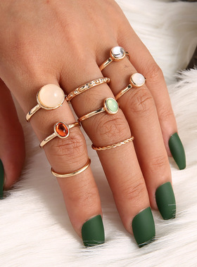 Cross-border new protein stone finger ring set of 8 pieces女