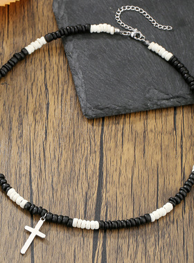 Bohemian wood bead men's vacation cross pendant necklace男生