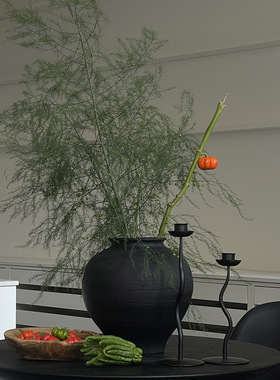 新中式侘寂黑色粗陶罐陶瓷花瓶摆件复古大肚纹理现代花器装饰品