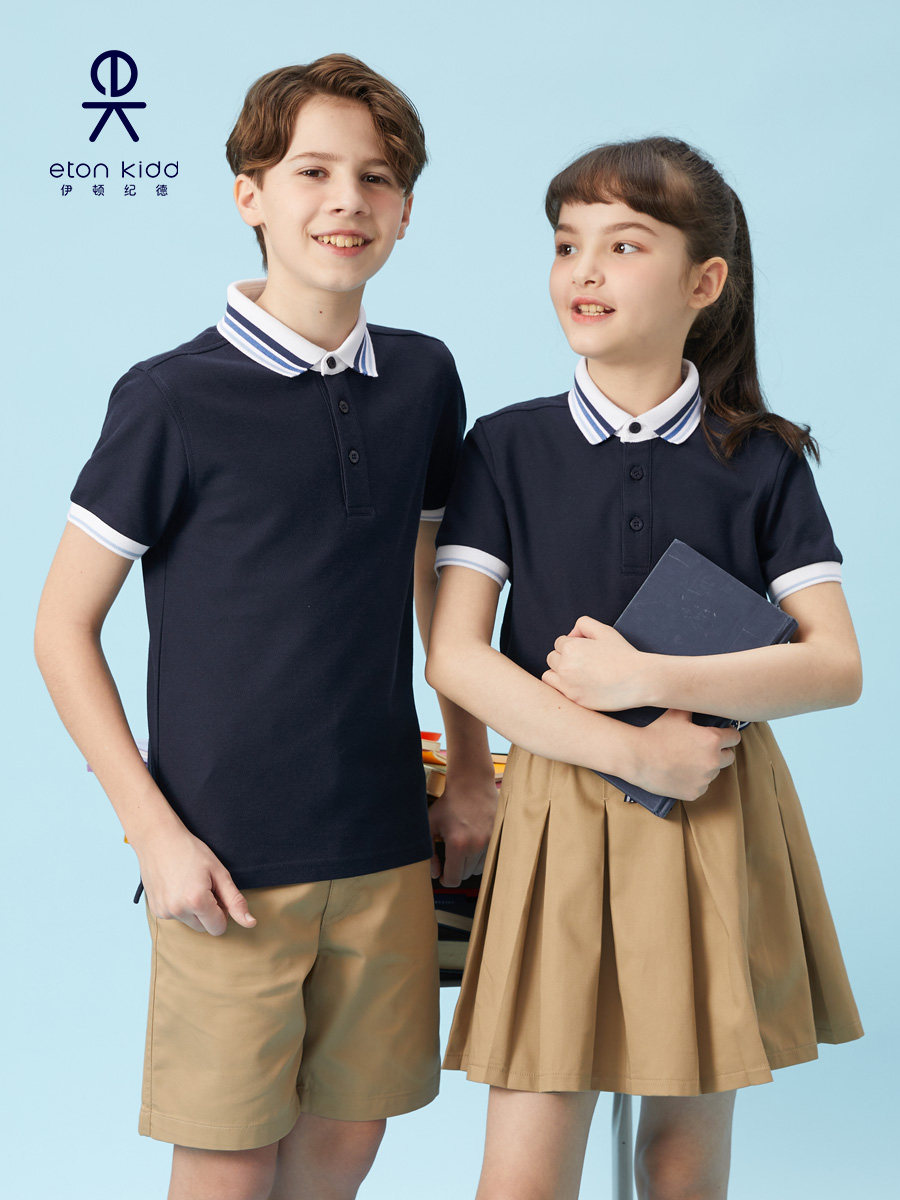 伊顿纪德中小学生校服男女童藏青色短袖t恤衫/卡其色纱卡短裤短裙