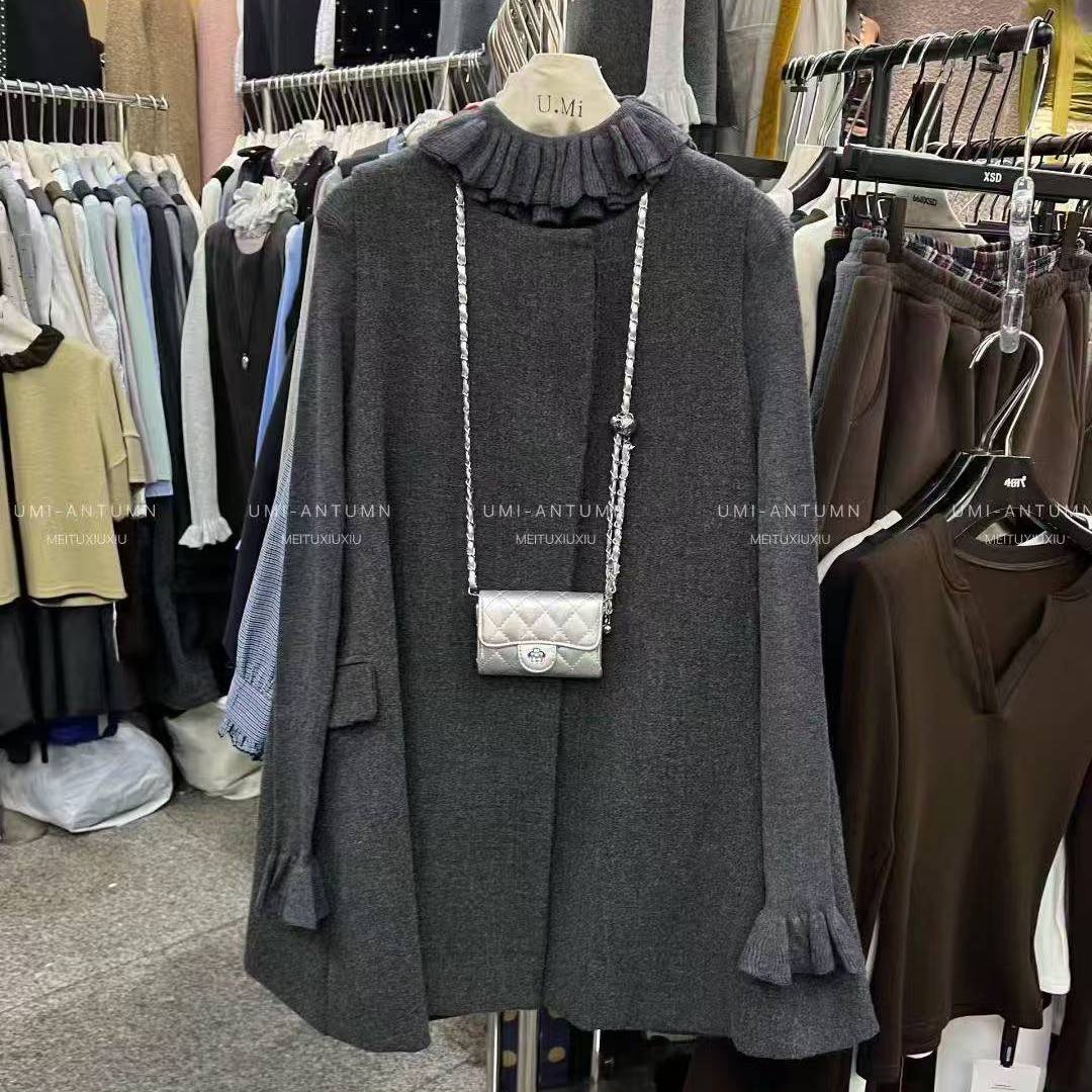 高品质法式荷叶边木耳边针织套装女秋冬修身显瘦高级感毛呢套装