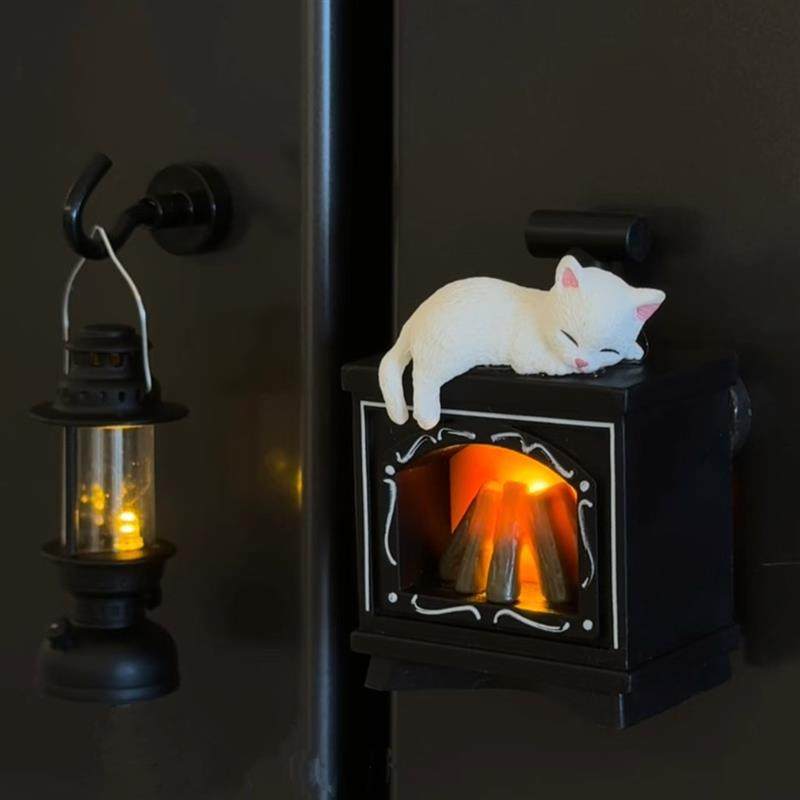 复古煤油灯猫咪壁炉磁吸冰箱贴立体发光小夜灯氛围装饰迷你摆件