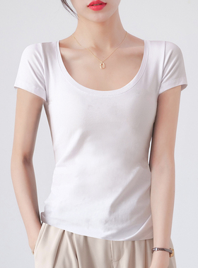 白色紧身短袖t恤女夏季新款纯棉修身显瘦舒适简约基础款正肩上衣