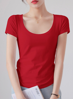 基础款正肩纯棉短袖t恤女夏季修身显瘦紧身气质百搭大红色上衣服