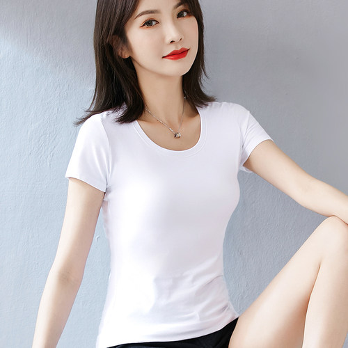 纯棉白色圆领修身短袖T恤女夏季
